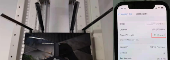 TP-Link router on a shelf tilting forward at 45° next to iPhone Diagnostics screen showing Signal Strength -39 (Strong) highlighted.