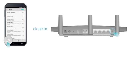 Diagram showing a smartphone enabling the WPS button close to a TP-Link router's WPS button.