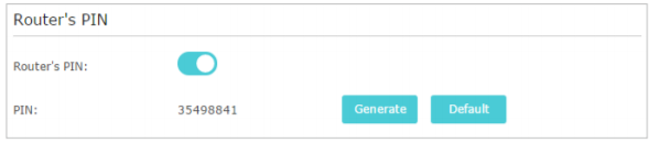 Router's PIN section showing PIN enabled with value 35498841 and Generate and Default buttons.