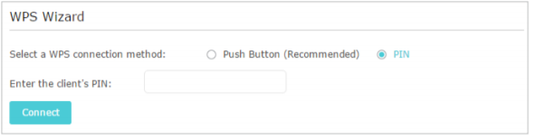 WPS Wizard with PIN method selected, showing Enter the client's PIN field and Connect button.