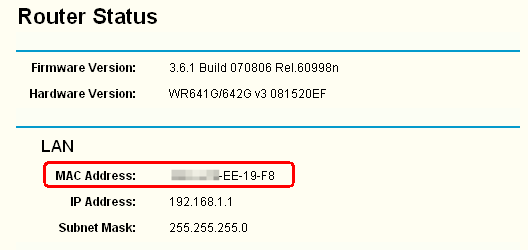 Router Status page showing LAN MAC address highlighted in red, with firmware and hardware version details.