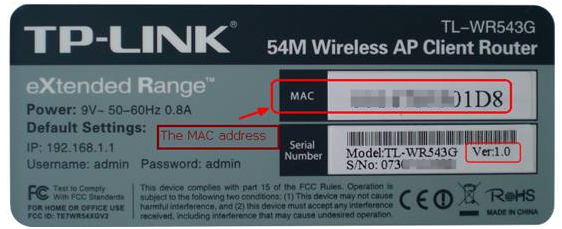 TP-Link TL-WR543G router label with MAC address field highlighted and labeled "The MAC address.