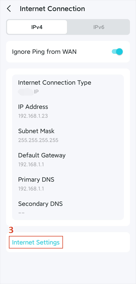 The Internet Connection page with the Internet Settings highlighted.