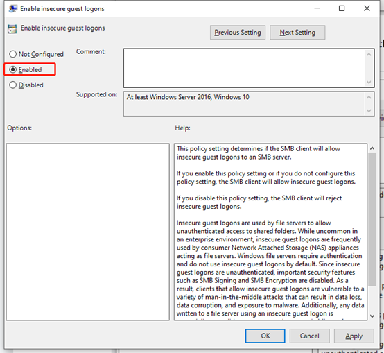 Enable Insecure guest logons page with enabled option highlighted.