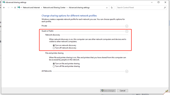 Windows advanced sharing settings with Guest or Public setting highlighted.