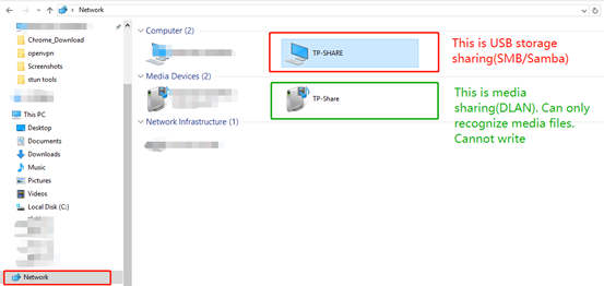 The network page under Windows Explorer with one TP-SHARE in red and the other TP-Share in Green highlighted.