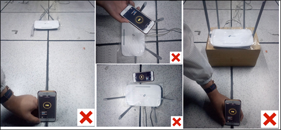 Four incorrect ways to position a phone relative to a router during speed testing, each marked with a red X.