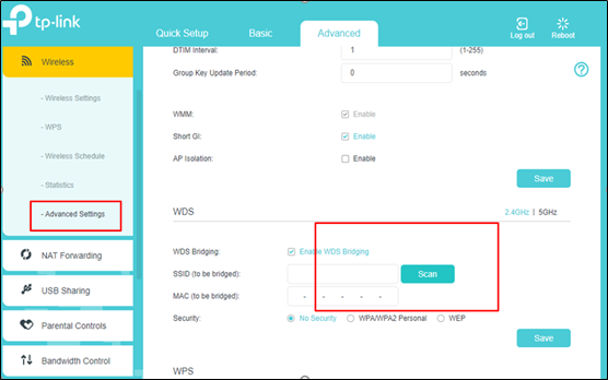 TP-Link router Advanced Wireless Settings page with Advanced Settings in the menu and the Scan button in WDS both highlighted.
