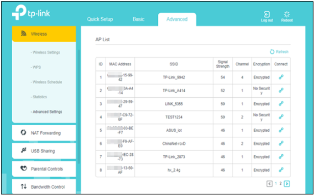 TP-Link router WDS AP List showing nearby networks with signal strength, channel, and encryption details.