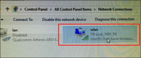 Windows Network Connections showing the wlan adapter connected to TP-Link_7405_5G highlighted in a red rectangle.