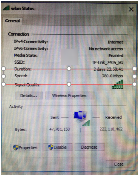 WLAN Status window showing connection to TP-Link_7405_5G at 780Mbps with duration and signal quality highlighted.