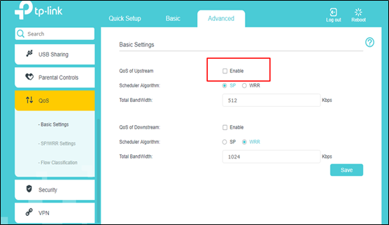 TP-Link router Advanced QoS Basic Settings page with the QoS of Upstream Enable checkbox highlighted.
