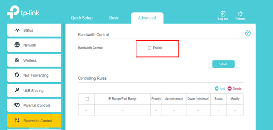 TP-Link router Advanced Bandwidth Control page with the Enable checkbox highlighted and Controlling Rules table below.