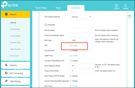 TP-Link router Advanced Network settings showing NAT enabled and highlighted among other internet connection options.