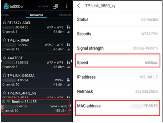 inSSIDer app showing nearby 2.4GHz networks, alongside a TP-Link network detail view with Speed at 65Mbps and MAC address highlighted.