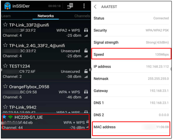 inSSIDer app showing nearby 5GHz networks, alongside an AAATEST network detail view with Speed at 135Mbps and MAC address highlighted.