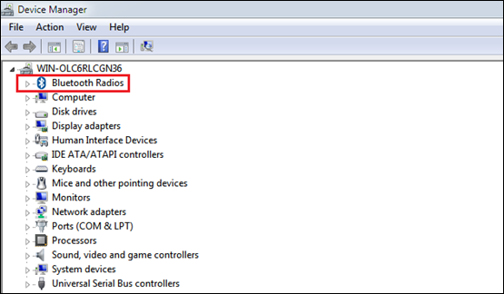 Windows Device Manager with Bluetooth Radios category highlighted in a red rectangle.