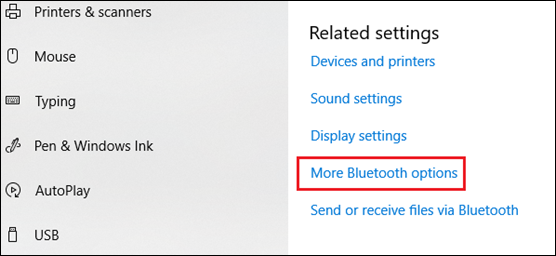 Windows Devices Settings showing Related settings with More Bluetooth options highlighted in a red rectangle.