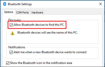 Bluetooth Settings dialog with Allow Bluetooth devices to find this PC checkbox highlighted.