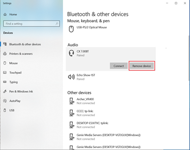 Windows Bluetooth & other devices settings showing CX 7.00BT paired under Audio with Remove device button highlighted.