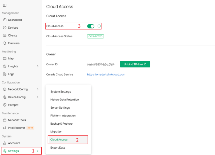 Show the way to enable Cloud Access for an Omada Fusion Gateway.