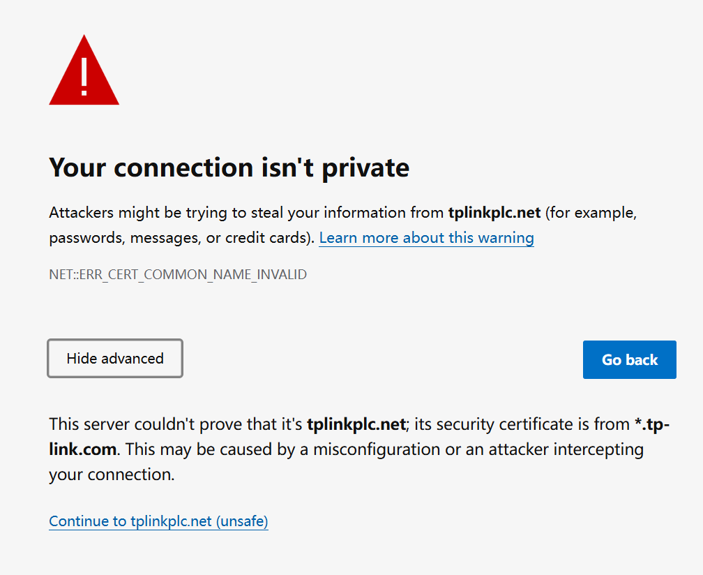 Chrome privacy error expanded, showing Continue to tplinkplc.net (unsafe) link after clicking Advanced.