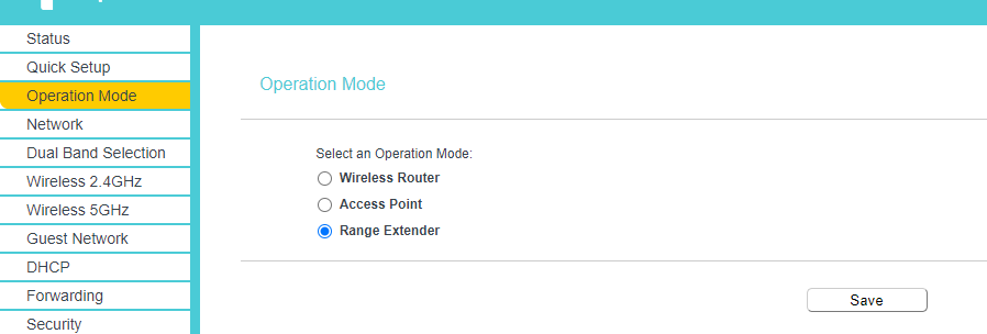TP-Link Archer A54 Opearation Mode page with "Range Extender" selected.