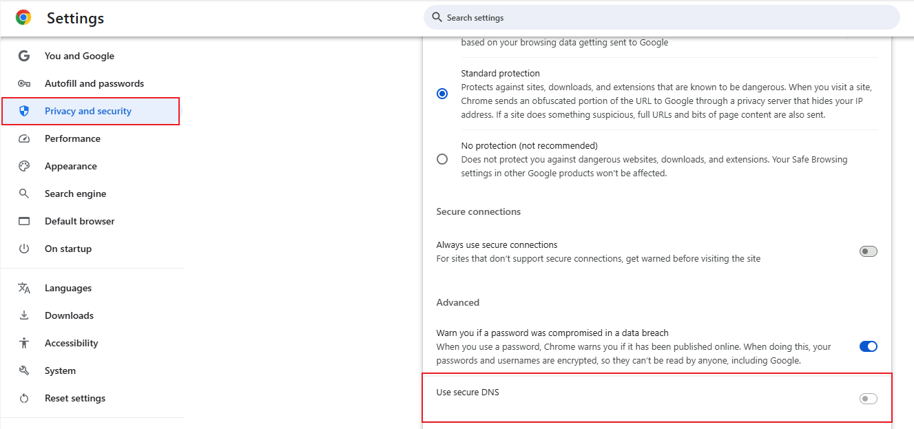 The secure DNS setting in Google Chrome.