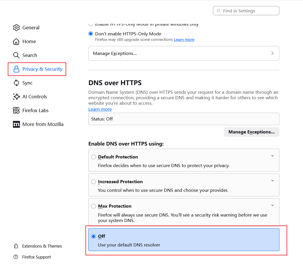 The DNS over HTTPS setting in Mozilla Firefox.