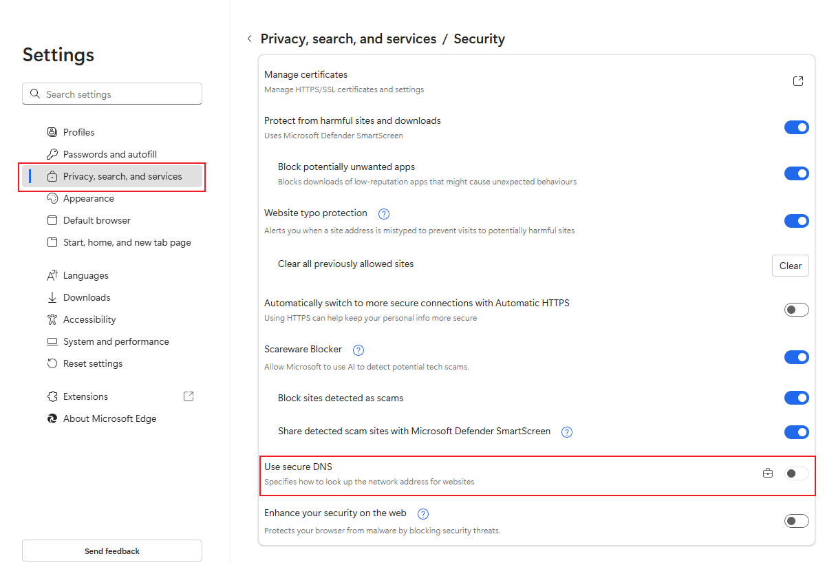 The secure DNS setting of Microsoft Edge.