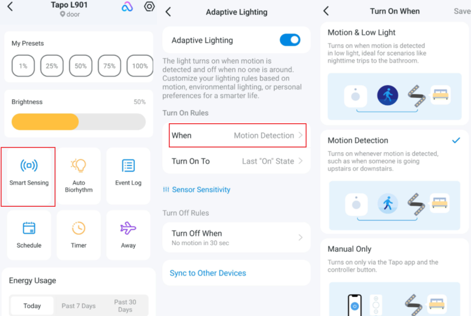 Screenshot of Tapo App showing Smart Sensing turn-on rule setup path for Tapo light strip.