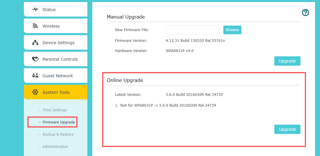 The Firmware Upgrade page with the Online Upgrade highlighted.