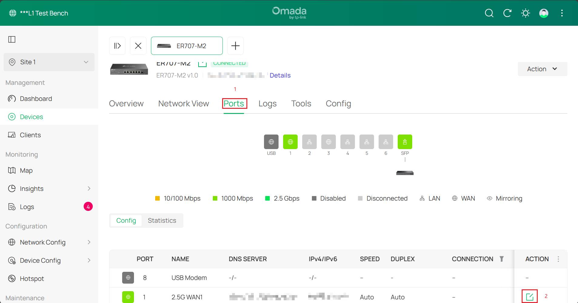 Shows available ports, and where to click to edit port config.