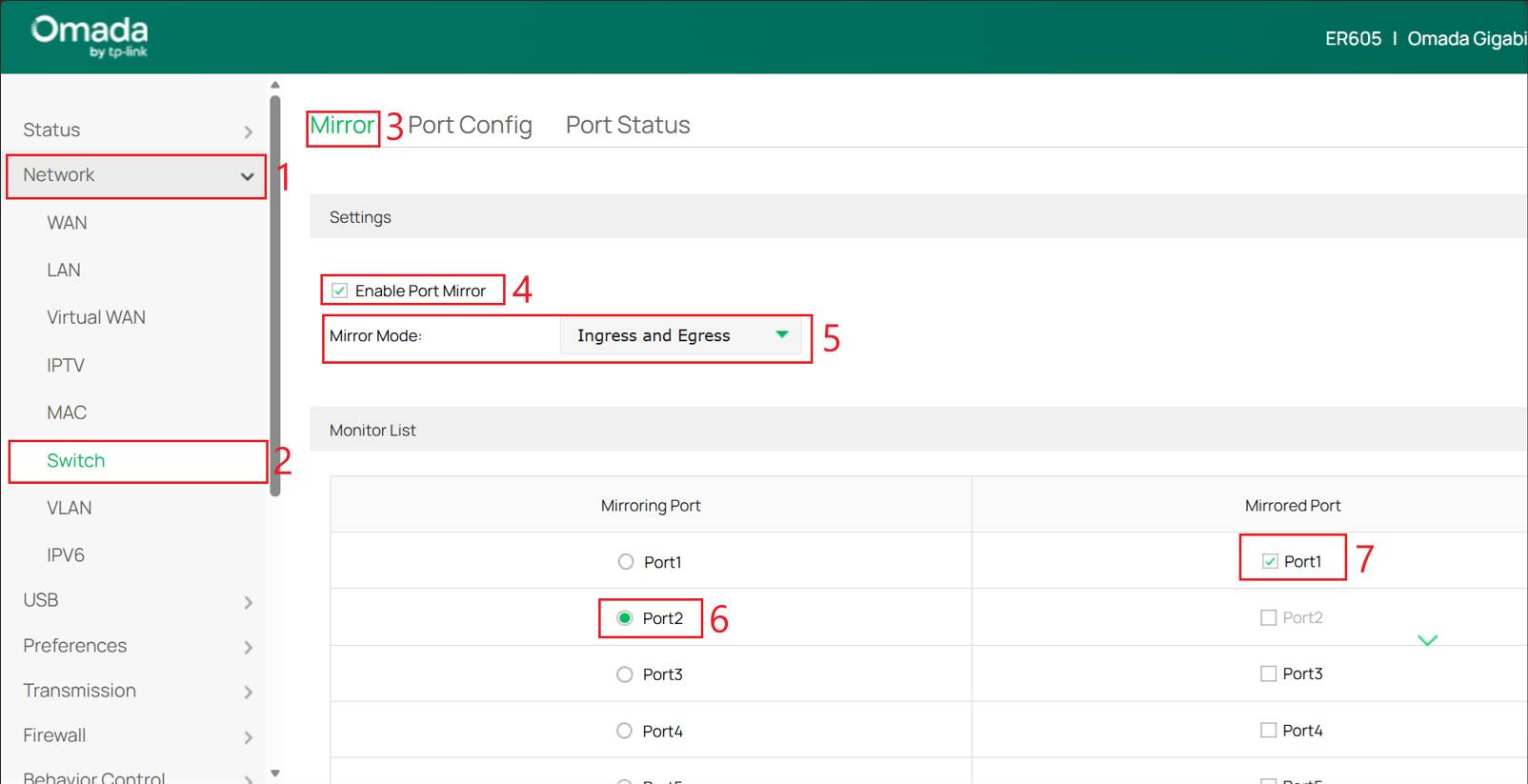 Shows the necessary options needed to be configured to enable Port Mirror.