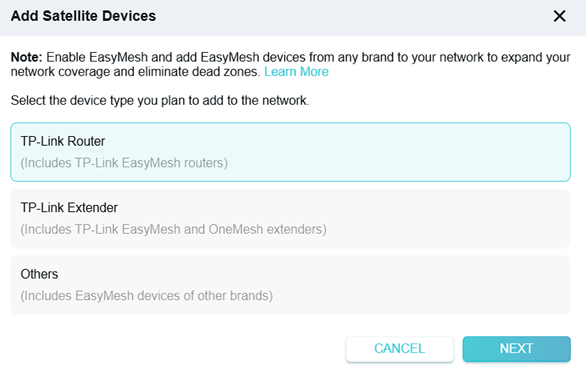 The Add Satellite Device page with three options: TP-Link Router, TP-Link Extender, Others, a Cancel button, and a Next button.