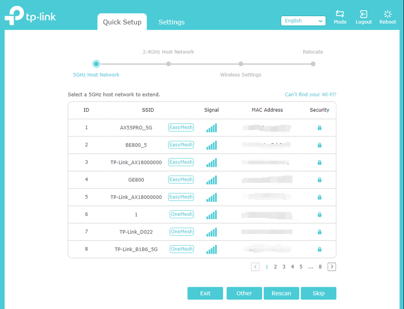The extender Quick Setup page with multiple 5G Wi-Fi networks tagged EasyMesh to choose from.