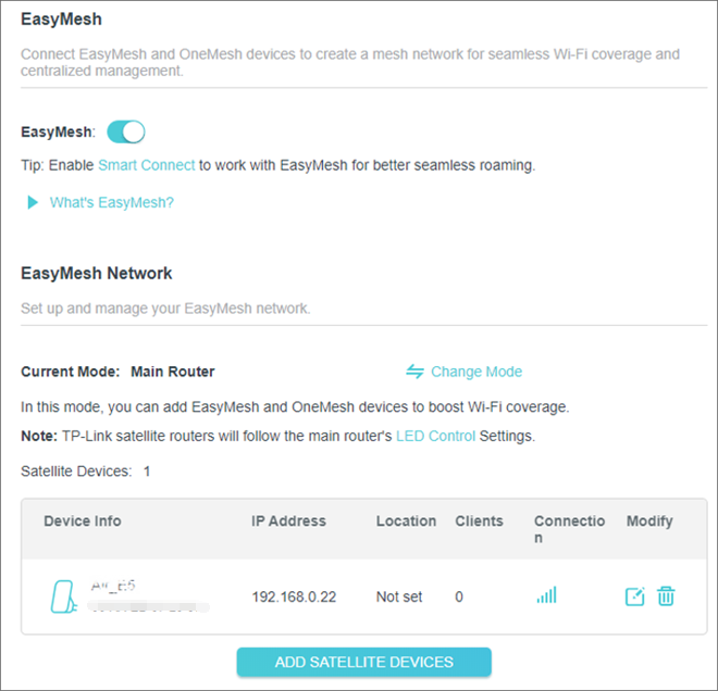 The EasyMesh page with an extender listed under Satellite Devices.