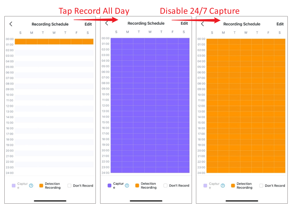 Images show the schedule change when choose Record All Day and Disable 24/7 Capture.
