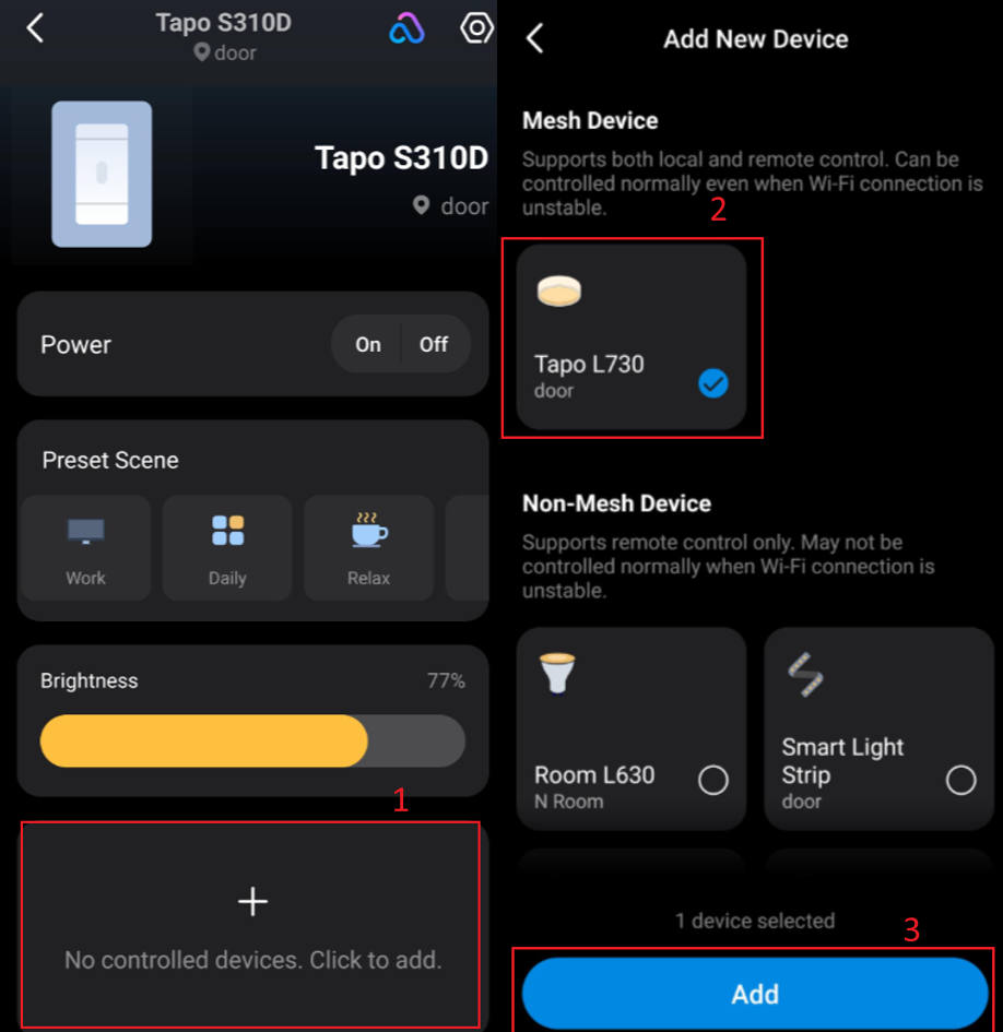 Steps to add Tapo L730 to the Controlled Device list of Tapo S310D.