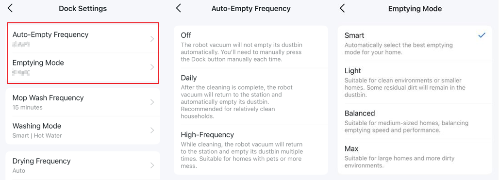 The Dock Settings include Auto-Empty Frequency (Off, Daily, High-Frequency) and Emptying Mode (Smart, Light, Balanced, Max).