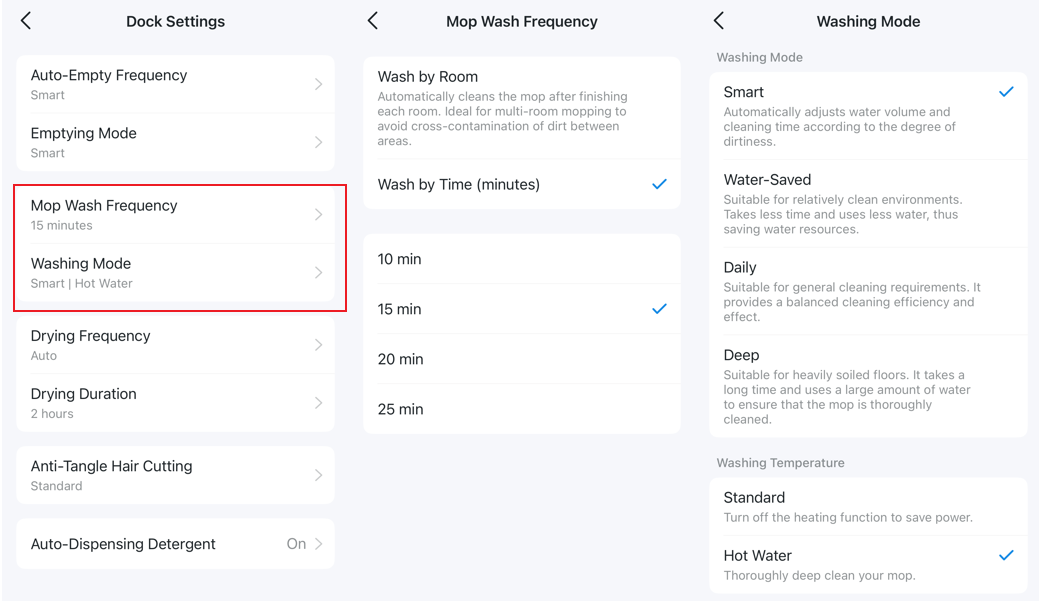 The Dock Settings include Mop Wash Frequency (Wash by Room or Wash by Time), Washing Mode (Smart, Water-Saved, Daily or Deep), and Washing Temperature (Standard or Hot Water).