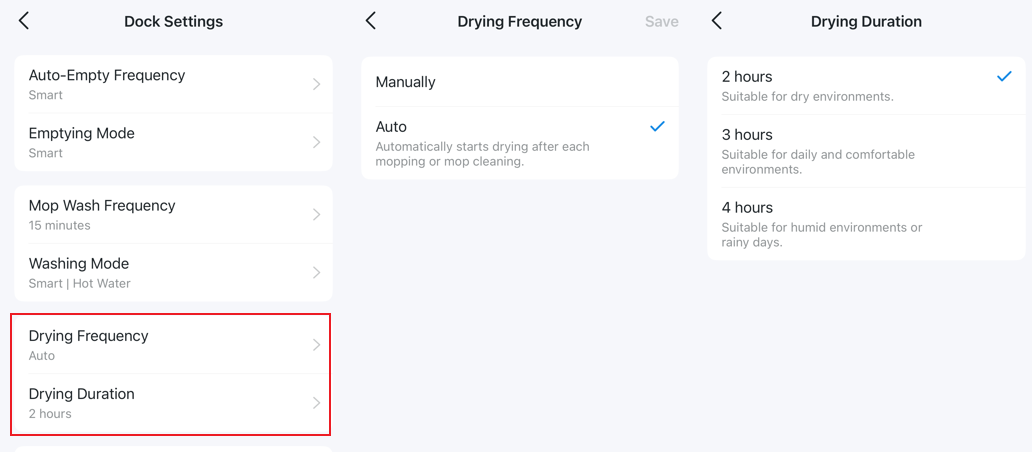 The Dock Settings include Drying Frequency (Manually or Auto) and Dry Duration (2, 3, or 4 Hours).