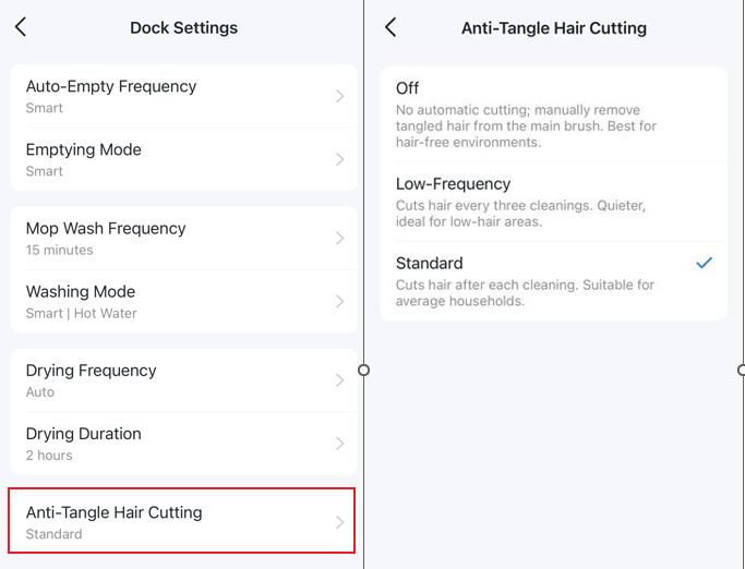 The Dock Settings include Anti-Tangle Hair Cutting with Off, Low-Frequency, and Standard options.