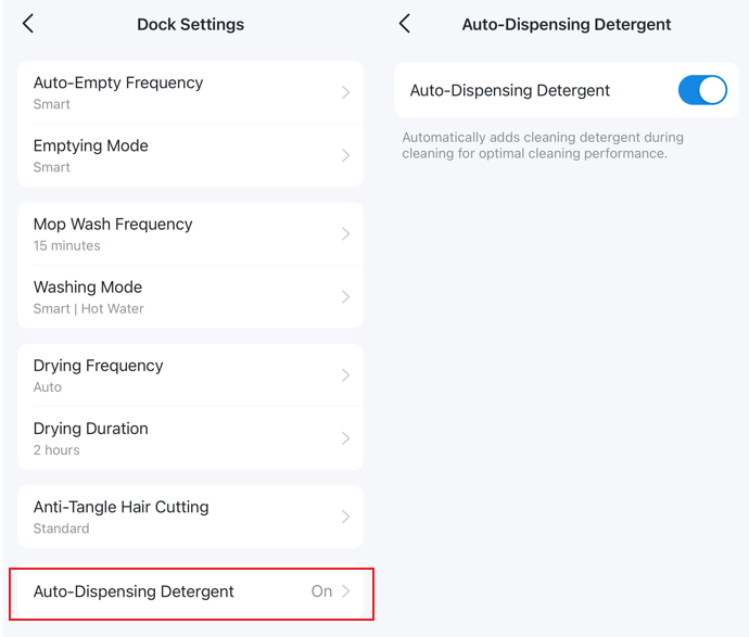 The Dock Settings with the Auto-Dispensing Detergent option highlighted on the left, and the enabled detail page of this function displayed on the right.