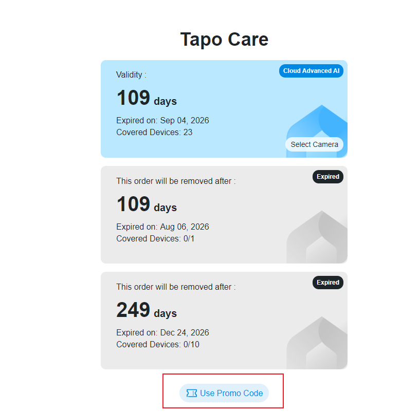 The Tapo Care web page with the use promo code option highlighted.