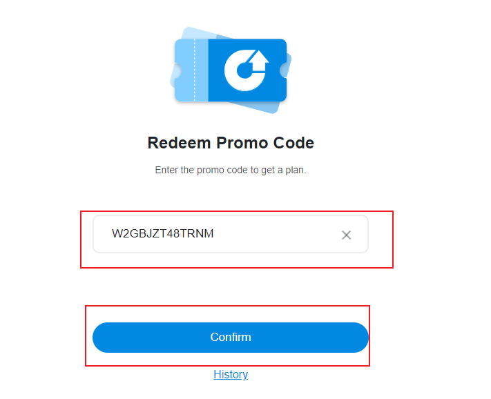 Redeem Promo Code page with the code input box and the confirm option highlighted.
