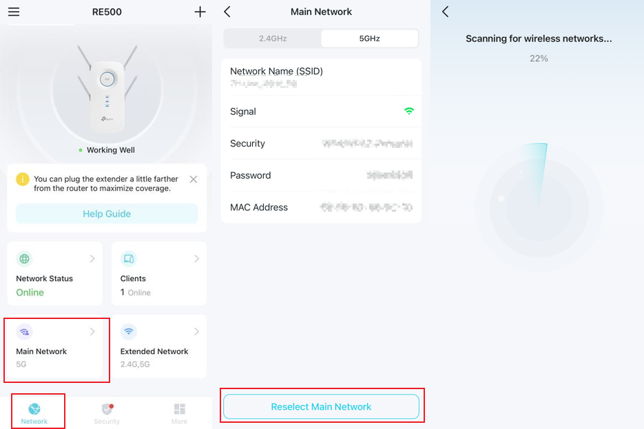 The path to find the reselect main network option.