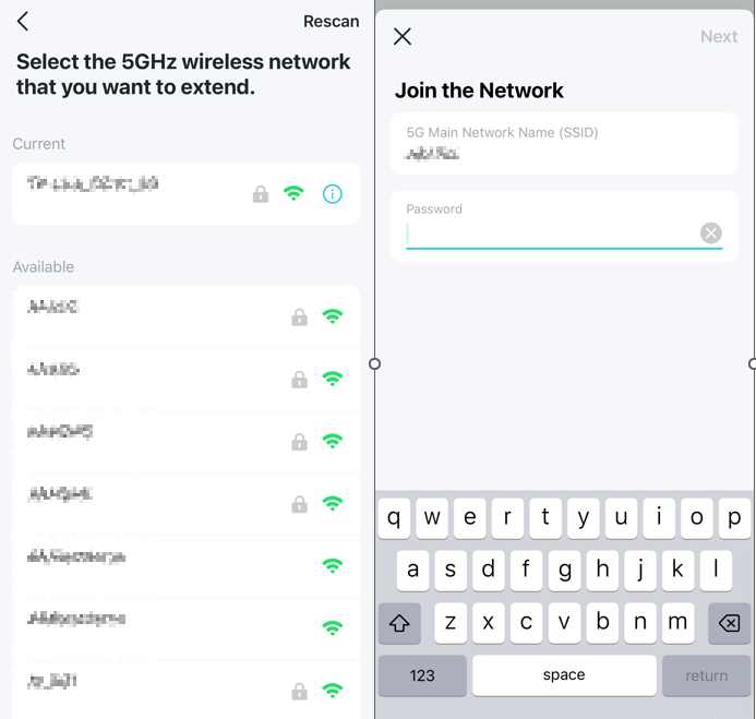 Select the 5GHz wireless network that you want to extender and enter the network password.