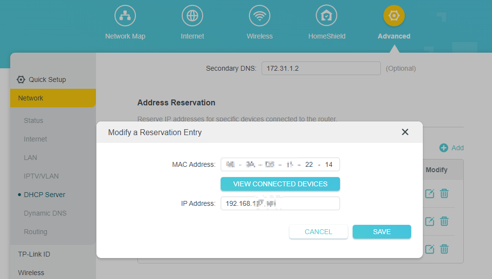 The Modify a Reservation Entry page shows you need to MAC address ad IP address.