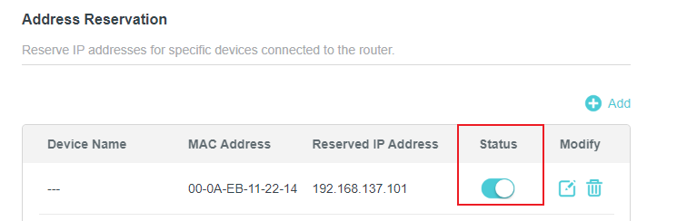 The Address Reservation page with the Enable Status button highlighted.